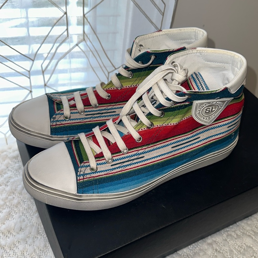 YSL Saint Laurent BEDFORD Stripe Logo High Top Sneaker Rainbow EU 41 US 8
